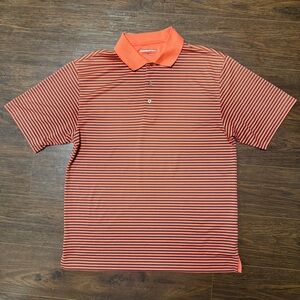 ROUNDTREE AND YORKE PERFORMANCE POLO SHIRT MELON AND CHARCOAL STRIPED